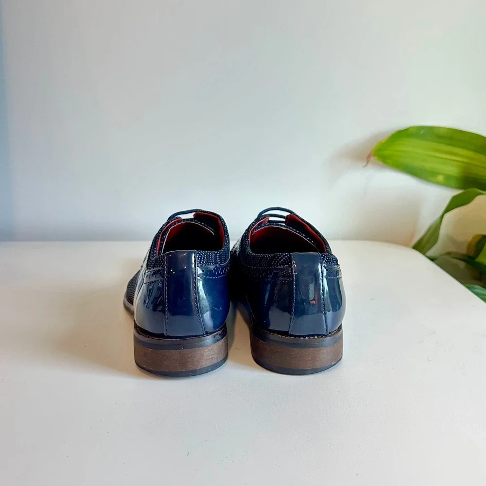 Mens Navy Blue Chevron Pattern Patent Cap Toe Dress‎ Shoes Oxford Size 8.5